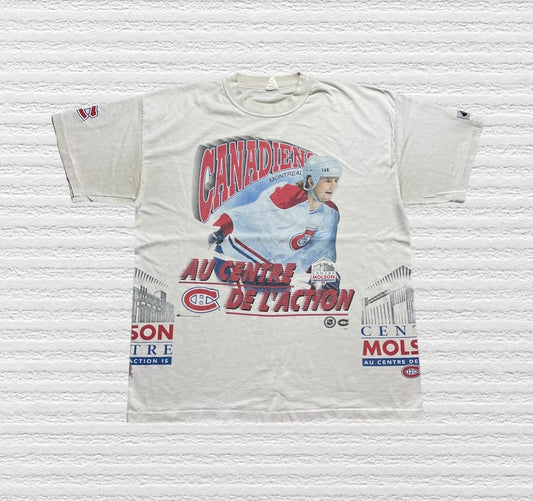 Vintage 90s Montreal Canadiens Bulletin All Over Print T-Shirt (XL)