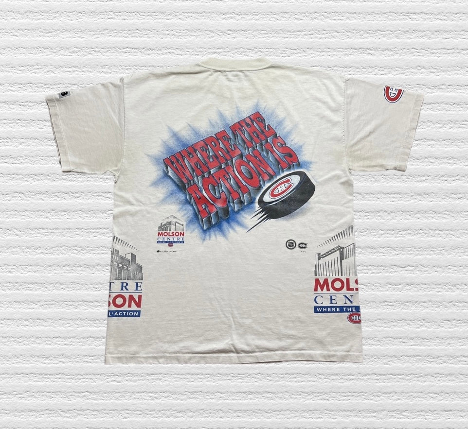 Vintage 90s Montreal Canadiens Bulletin All Over Print T-Shirt (XL)